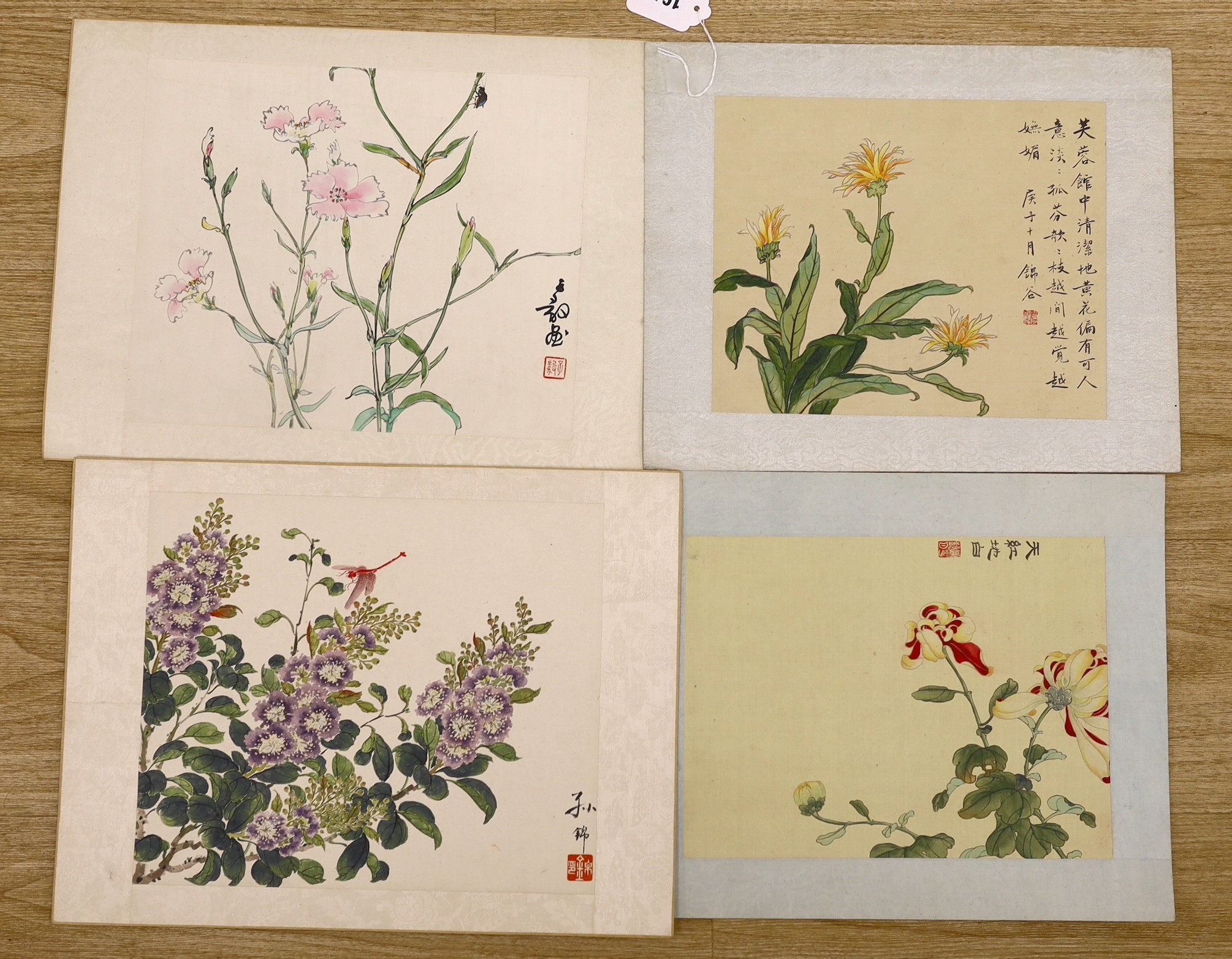 Chinese School, late 20th century, four paintings, ink and colour on silk or paper, insects and flowers, approx. 21 x 26cm